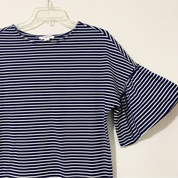 BeachLunchLounge Oversized Navy White Striped Shift Dress Bell Sleeve - Picture 2 of 8